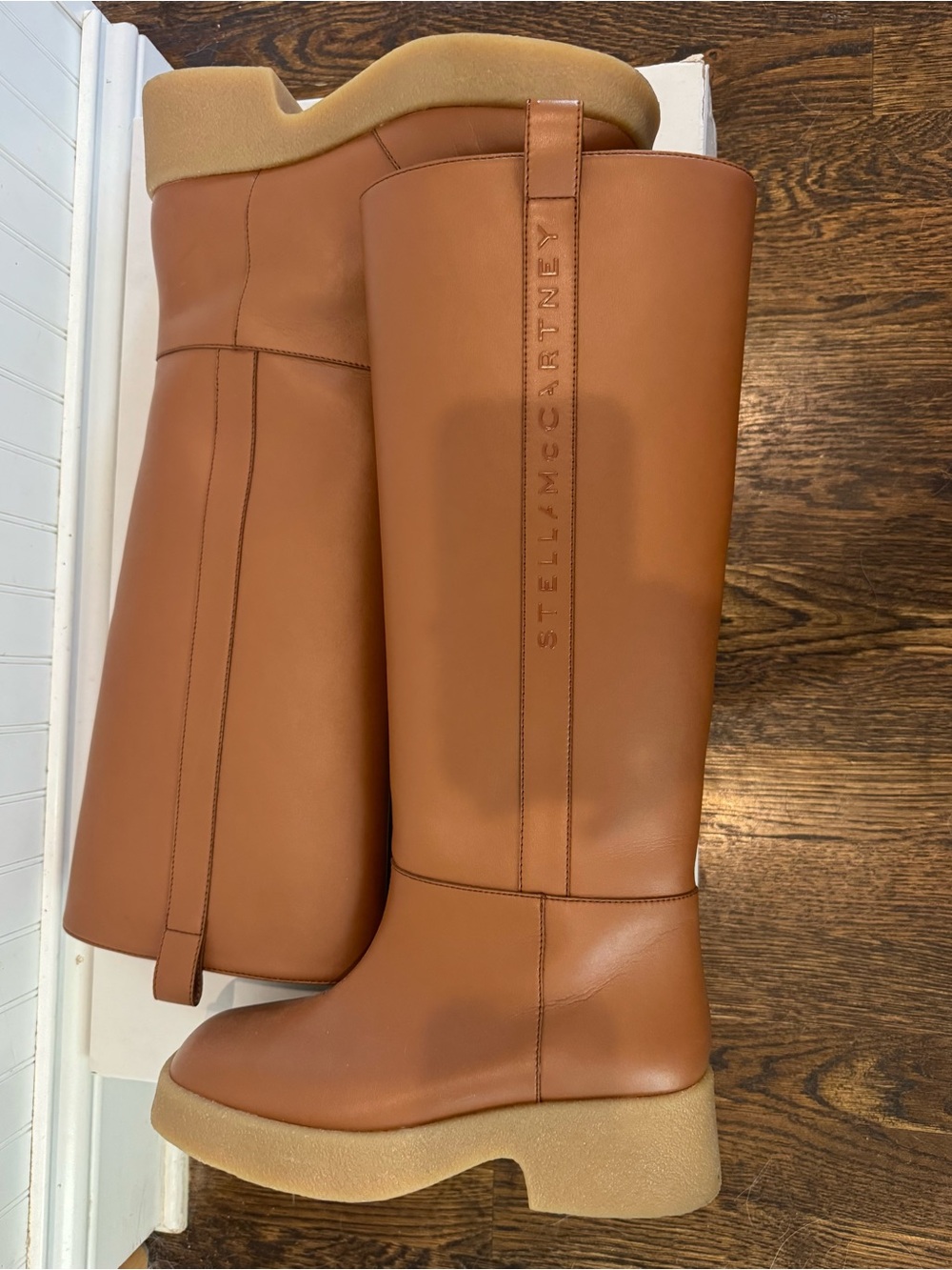 Stella McCartney Skyla Knee High Boots Womens 37.5 Tan Brown Round Toe Pull On